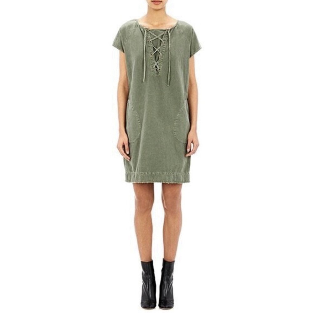 Nili Lotan Lace Up Slub Twill Dress Olive Green L Linen Cotton Coastal Beach‎